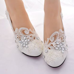 大码女鞋新娘结婚鞋白色高跟蕾丝水钻绣花婚鞋伴娘鞋宴会礼服