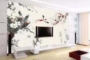 玉兰花中式国画壁纸电视背景墙沙发，壁画客厅无纺布，花鸟整张墙纸画