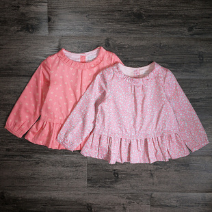 春秋款大中小女童宝宝洋气碎花娃娃衫可爱长袖粉红色纯棉裙式衬衫
