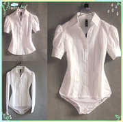 春夏韩版女士短袖衬衫职业装工作服白商务衫时尚长袖连体衬衣V领