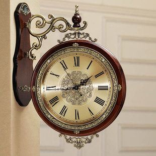 欧式双面客厅挂钟静音，两面时钟实木，复古石英钟表墙壁钟表时尚创意