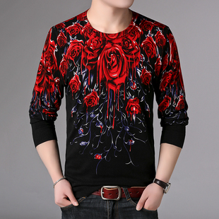 非主流时尚潮流男士花式个性毛线衣薄 创意搞怪血玫瑰图案针织T恤