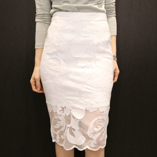 白色亮片蕾丝高腰半身裙，夏季女2020韩版中长包臀开叉一步裙