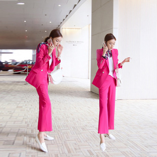 2023韩国时尚职业西装外套，女玫红色中长款显瘦双排，扣西服裤两件套