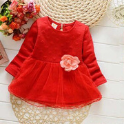 2婴儿童长袖红色连衣裙春装1-3岁女宝宝秋衣女童开扣款全棉打底衫