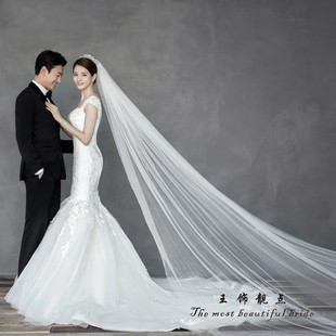 头纱婚纱韩式白色拖尾新娘结婚头纱超长简约旅拍裸纱5米10米