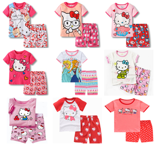 外贸夏季卡通KT猫Hello Kitty儿童女孩短袖睡衣家居服套装