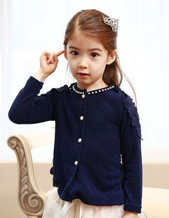 外贸童装日韩品牌女童珍珠圆领针织衫儿童薄款长袖开衫原单