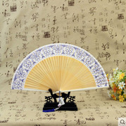 杭州古风扇子女式青花瓷工艺扇中国风旗袍扇子日式折扇全竹手工扇