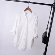 棉麻白色衬衫女长袖，2024春季韩版宽松休闲百搭中长款立领衬衣