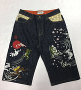 络缲魂karakuri和柄浮世绘，青蛙月兔流水刺绣，男式牛仔中裤六分裤
