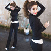 韩国春秋时尚休闲跑步运动服套装，修身显瘦纯棉立领卫衣喇叭裤黑色