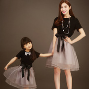 夏装亲子装母女裙装韩版时尚短袖t恤网纱裙，套装女童公主裙蓬蓬裙