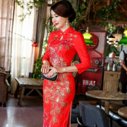 旗袍敬酒服夏装红色七分袖凤凰刺绣，新娘嫁衣长，款中式结婚礼服裙