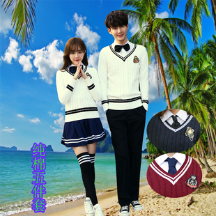 00:把日韩男女学生情侣校服班服演出服英伦学院风jk制服v领毛衣百褶裙