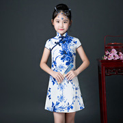 新儿童(新儿童)旗袍，大童中国风女童，青花瓷小女孩童装连衣裙古筝演出服夏销