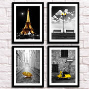 巴黎铁塔城市墙画客厅装饰画北欧挂画黑白建筑都市金黄色风景壁画