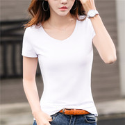 2024韩版白色v领修身短袖，t恤女夏季简约纯色打底衫韩范体恤(范体恤)小衫