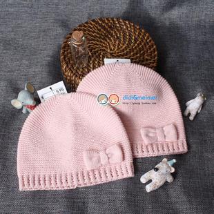 秋冬全棉女宝宝毛线帽子，蝴蝶结双层婴儿，帽儿童0-6-12个月1-2岁