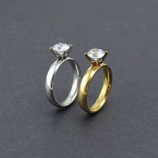 韩版时尚四爪单钻婚戒女士简约钛钢镶钻戒指钻戒结婚尾戒