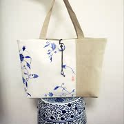 原创中国风青花瓷手绘包夏季(包夏季)女包，大包单肩斜挎潮包拼色帆布包