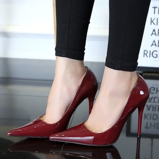 欧美范性感(范性感)11cm超尖头高跟鞋，女细跟浅口漆皮酒红色时尚职业ol女鞋