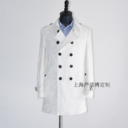 私人定制  高级蕾丝风衣 男士白色双排扣风衣大衣外套