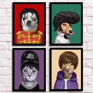 杰克逊明星脸动物宠物装饰画酒吧创意挂画卧室墙画个性海报有框画