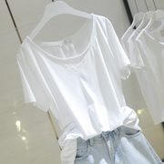 2023夏季韩版宽松纯白色短袖，t恤女毛边圆领棉质半袖上衣b100