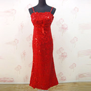 8成新红色(新红色)吊带，立体弯曲绣花伴娘连衣裙，齐地亮片礼服4件装kp061