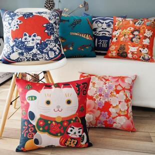 日式和风榻榻米招财猫樱花鱼，纯棉麻靠垫沙发，抱枕套咖啡馆靠枕座