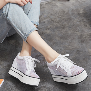 夏季韩版学生厚底坡跟小白鞋，镂空内增高10cm女鞋网纱低帮松糕单鞋