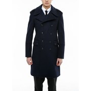 秋冬韩国商务男毛呢大衣长，款呢子风衣，男羊绒外套潮深蓝色
