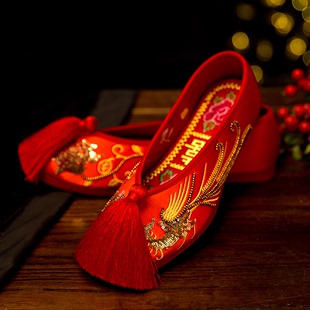 中式婚鞋老北京亮片绣花鞋红色新娘，鞋千层底流苏，上轿布鞋秀禾鞋