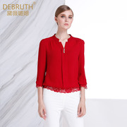 黛薇璐媤红色蕾丝拼接七分袖，衬衫女春装ol气质显瘦小立领上衣