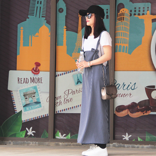 2017春夏装女装韩版雪纺条纹，大学生裙h型，吊带中长款连衣裙子