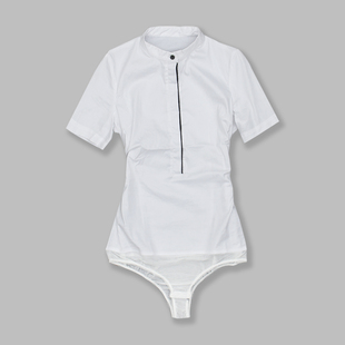 2021女士短袖连体衬衫，棉夏ol职业韩版修身撞色连体衬衣白色