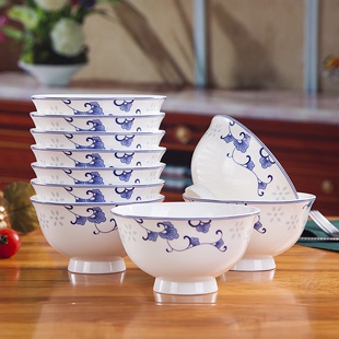 陶瓷器餐具4.5英寸防烫高脚米饭碗景德镇青花骨瓷碗家用中式饭碗