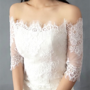 凯蒂 秋韩式新娘结婚婚纱披肩一字领五分袖蕾丝披肩后背绑带
