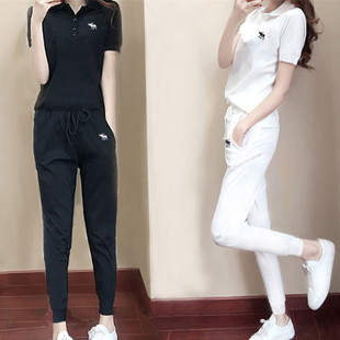 休闲运动套装女夏韩版时尚短袖T恤polo衫小脚长裤宽松显瘦两件套