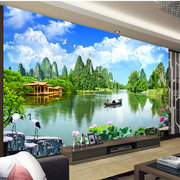 新中式风景墙纸18d电视背景墙，国画山水墙布，客厅影视装饰壁画定制