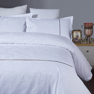 五星级酒店宾馆床上用品纯白色四件套 白色全棉贡缎提花被套床单