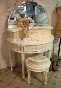 法式卧室实木雕花梳妆台，组合美式复古做旧半圆形公主化妆桌
