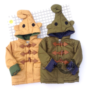 男童军绿棉衣秋冬季q8儿童，大象外套夹棉加绒卡其，宝宝牛角扣拉链衫