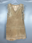 vintage古着70年代风格流苏铆钉，浅卡其色真皮，无袖中长连衣裙