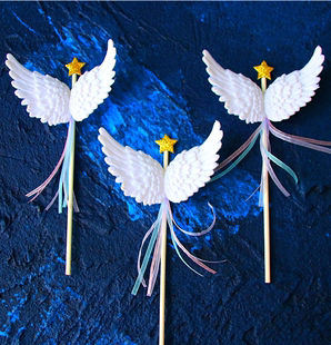 蛋糕装饰 华丽塑料白色天使翅膀 丝带蝴蝶结装饰插牌 装扮插件3枚