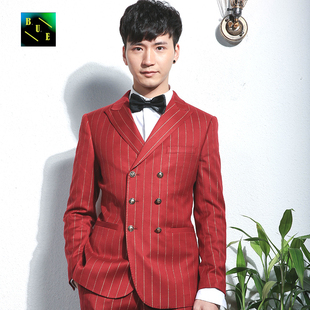 新郎装西装套装韩版修身双排扣休闲西服结婚主持人礼服男红色条纹