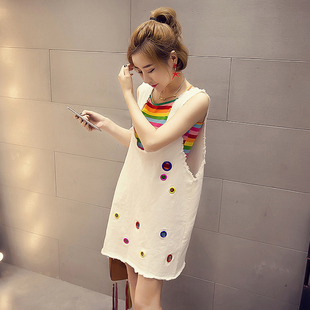 2024夏季韩版时尚小清新彩虹，吊带+牛仔背带，裙两件套连衣裙女