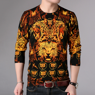 非主流时尚潮流男士花式毛线衣(毛线衣，)薄创意，个性豹子头纹图案针织t恤衫