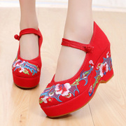 老北京布鞋女舒适中式婚鞋红色中国风舞蹈鞋高跟红布鞋走秀旗袍鞋
